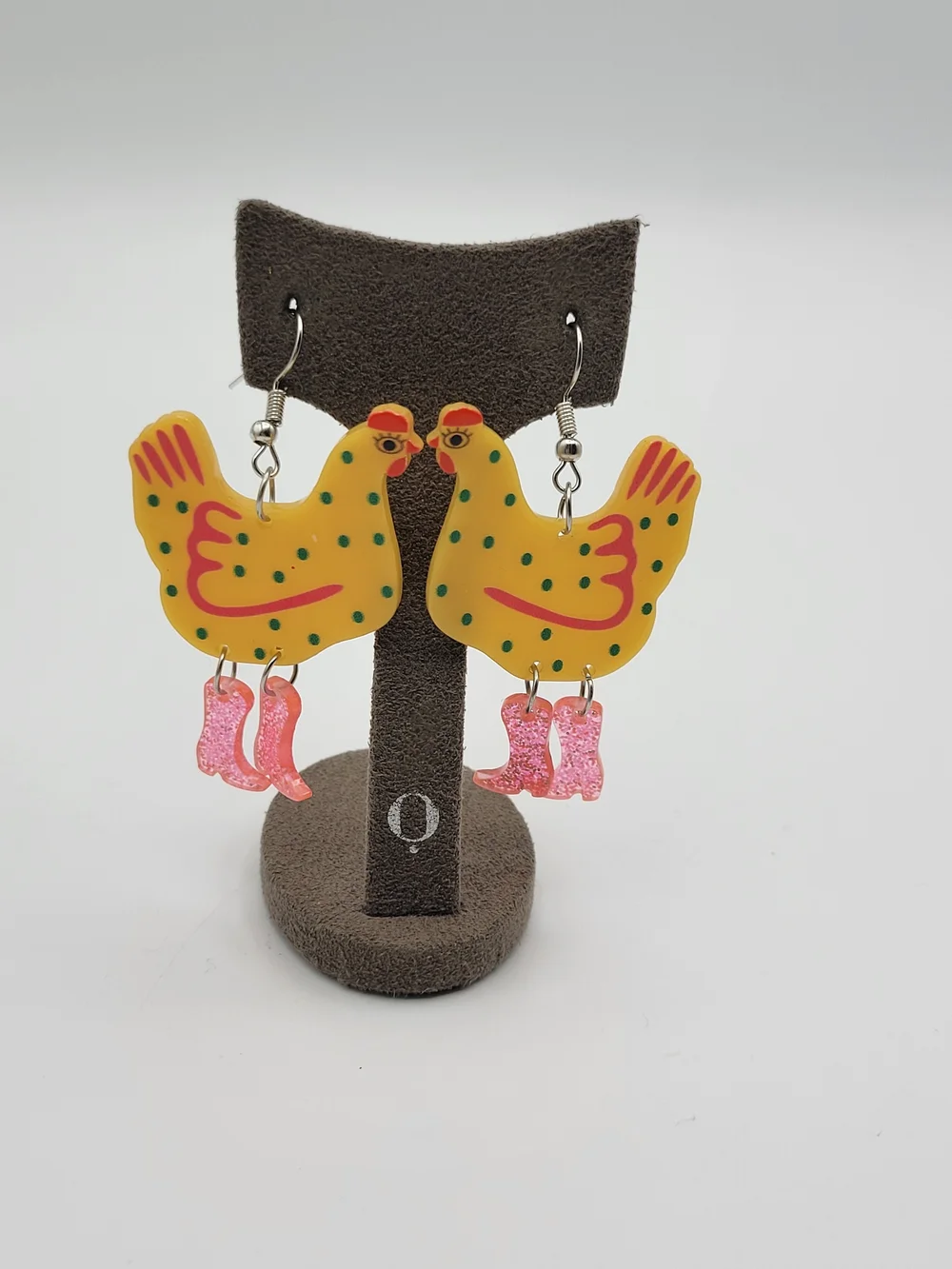 Funny Funky Yellow pink Glitter Chicken Dangle earrings - Picture 2 of 8